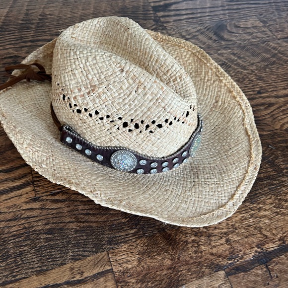 Western Cowgirl Raffa Straw Hat Band Rhinestone Cross Y2K Cowboy Boho Medium - Picture 6 of 11
